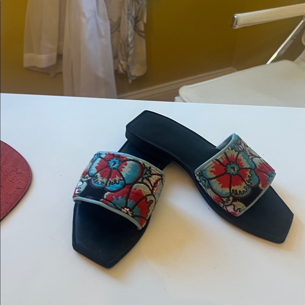 Floral Embroidered Women's Slide Sandals - Black and Red
